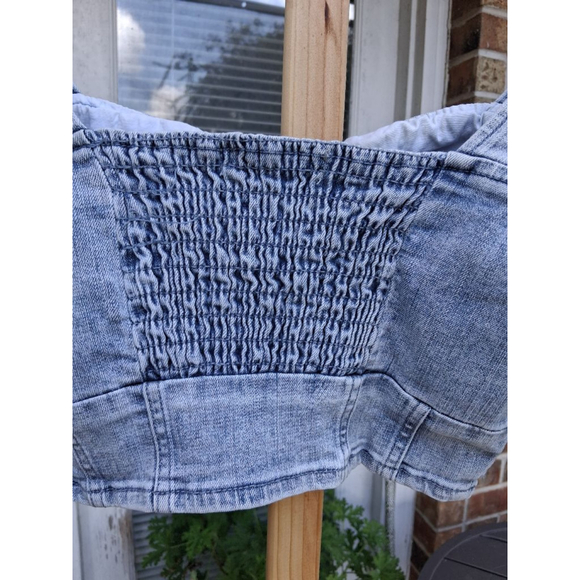 Women's Adika Blue Denim Puff Sleeve Ruched Crop Top XS - Picture 6 of 11